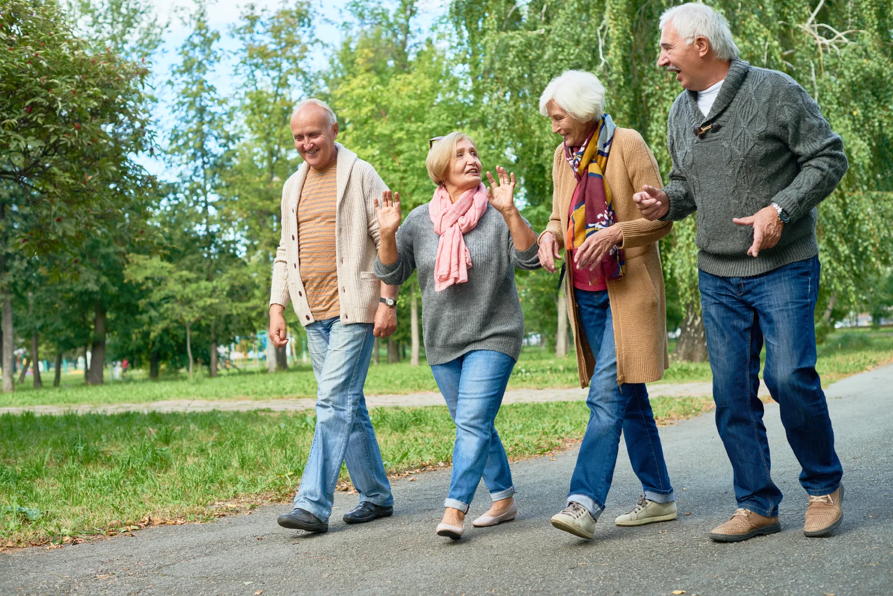 group of 4 seniors walking